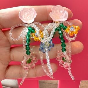 Floral colorful beads clip on dangles earrings pink green orange yellow purple